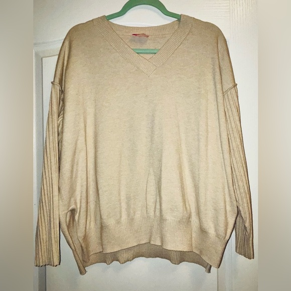 Pink Lily Oversized Tan Knit Sweater | V-Neck Cozy Pullover - Picture 2 of 5